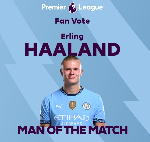 打進致勝球！英超官方：哈蘭德當(dāng)選曼城1-0熱刺全場最佳球員