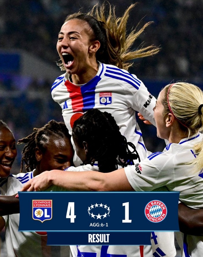 里昂女足4-1大勝拜仁女足，總比分6-1晉級(jí)女足歐冠半決賽